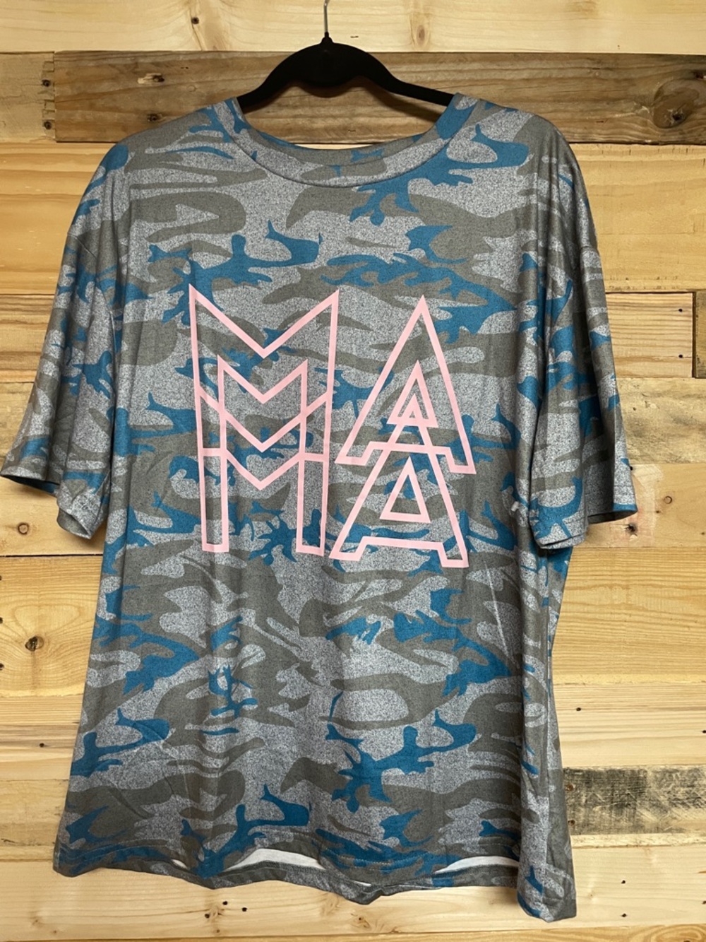 Royal + Reese size XL Gray & Blue Camo Graphic Tee with Pink MAMA Print